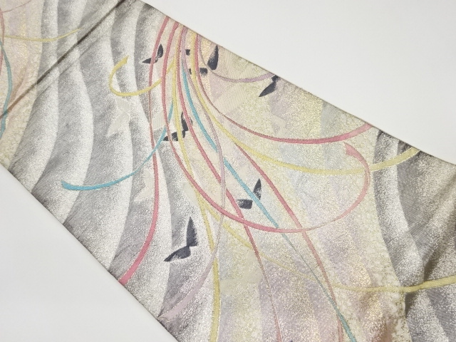 JAPANESE KIMONO / VINTAGE FUKURO OBI / WOVEN BUTTERFLY & WAVY STRIPE